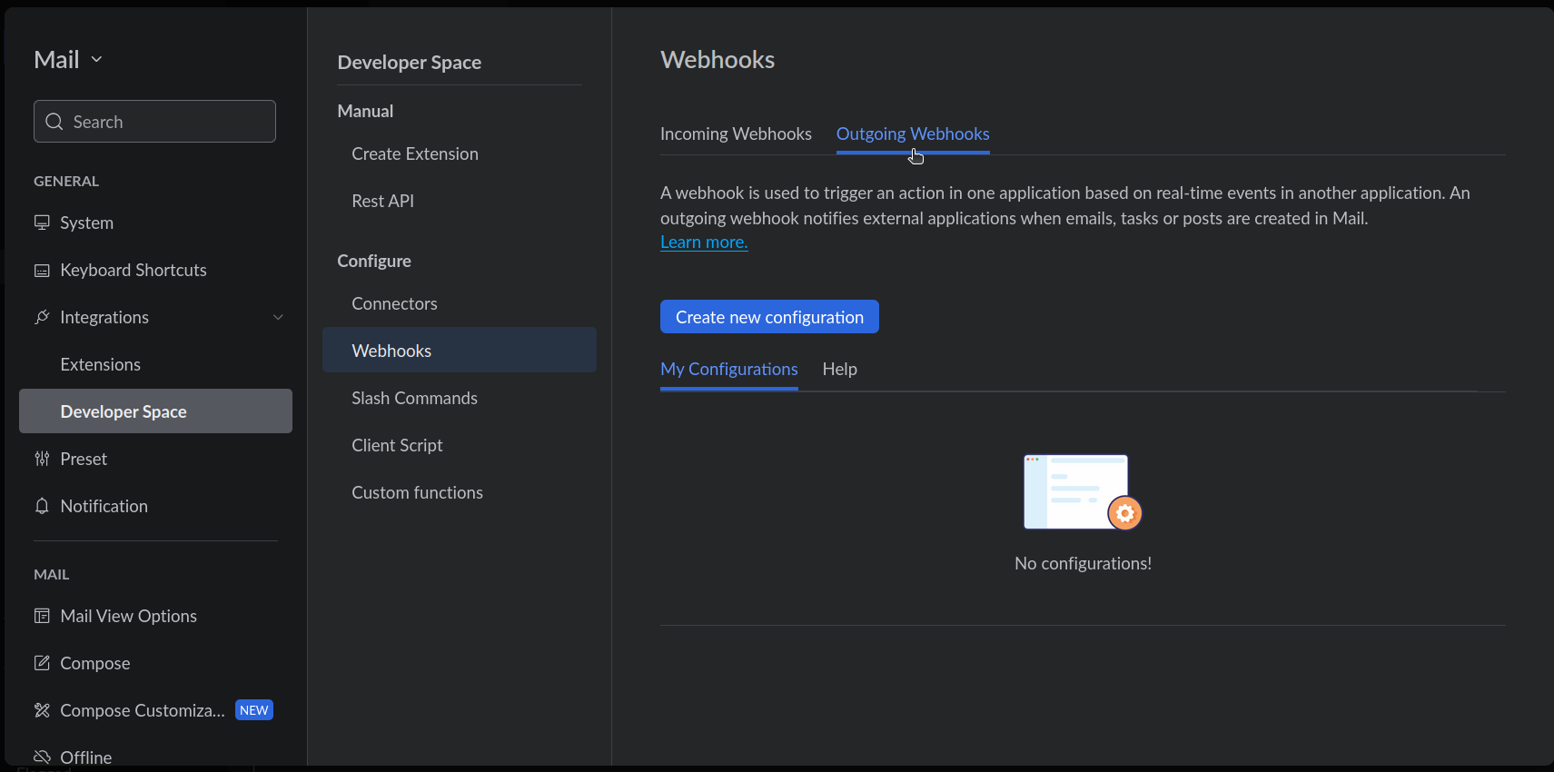 Zoho Mail Webhooks page