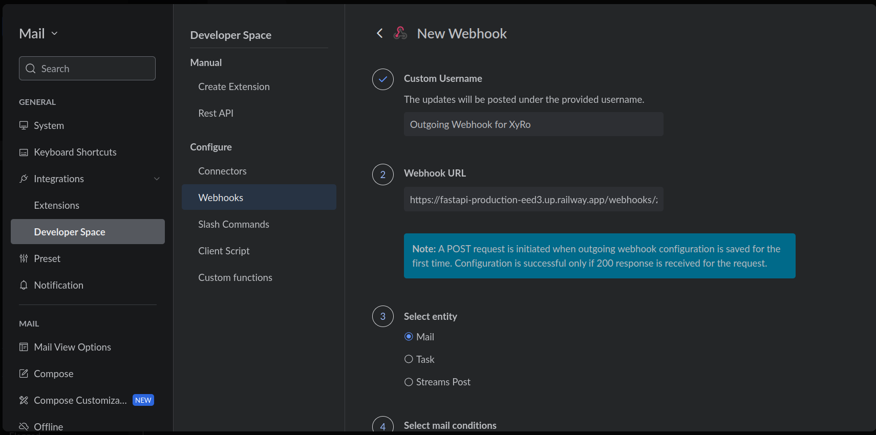 New Webhook form — username, URL, and entity