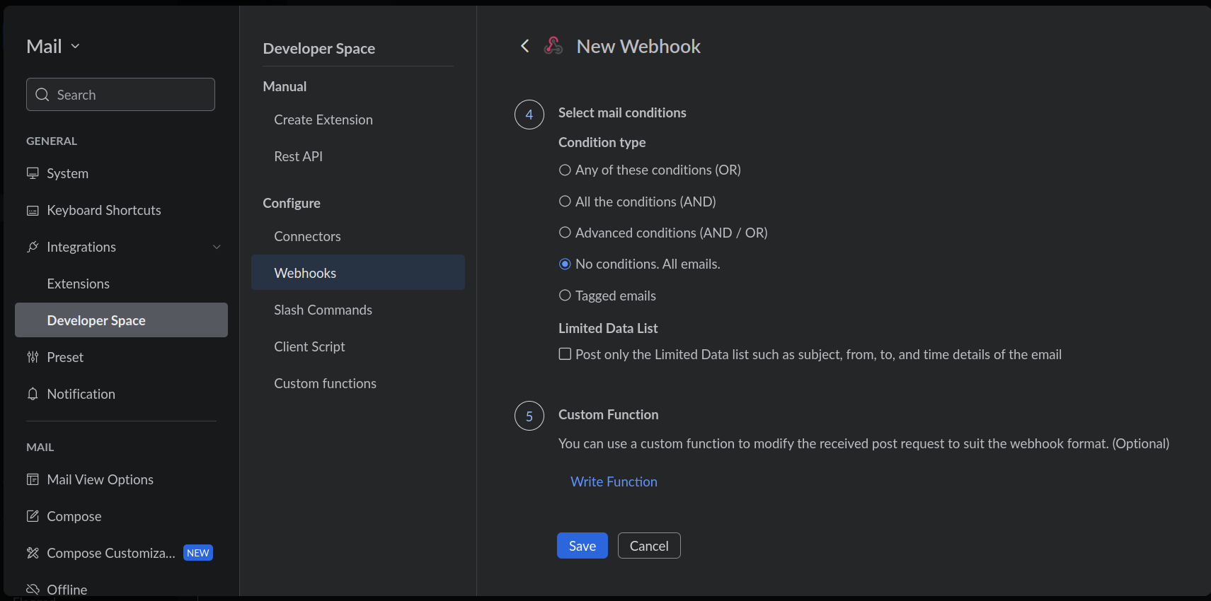 New Webhook form — conditions and save